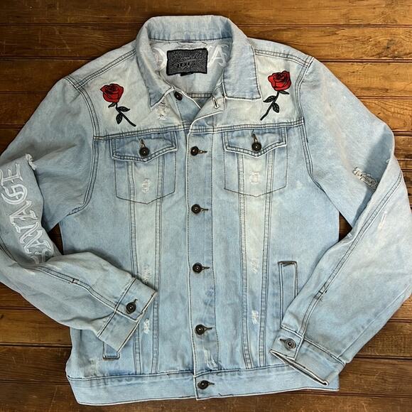 Vintage Brooklyn Cloth Y2K distressed denim jean jacket dragon savag size xl - Picture 2 of 7